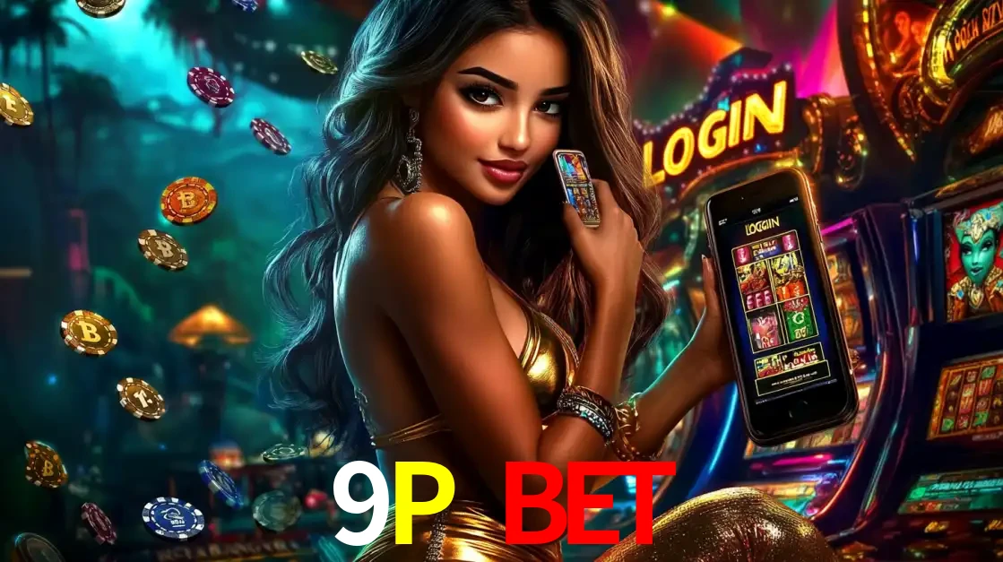 Mulher em um cenário de cassino temático de aventura, mostrando o app de caça-níqueis da 9P BET no celular. Fichas de apostas flutuam ao redor.