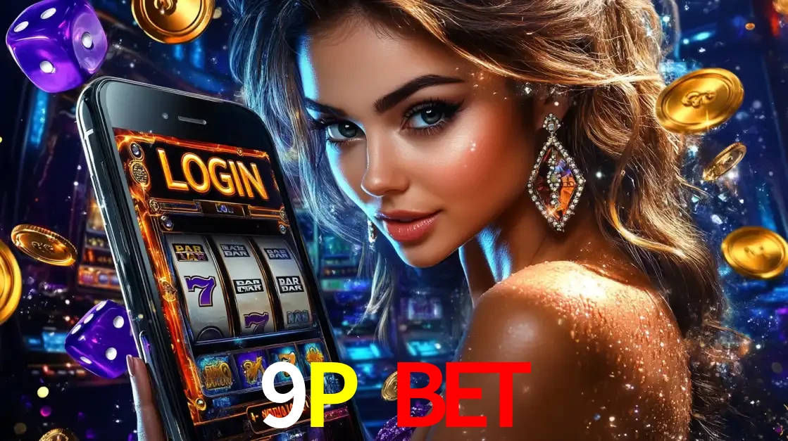 Mulher glamorosa segurando um smartphone com a tela de login para os jogos de caça-níqueis do cassino online 9P BET, com moedas de ouro e dados ao redor.