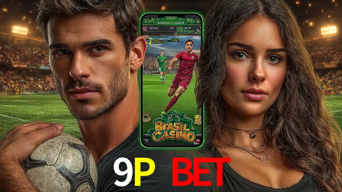 Homem segurando uma bola de futebol e uma mulher ao lado de um smartphone exibindo o jogo de apostas esportivas da 9P BET. Faça seu palpite no cassino online.